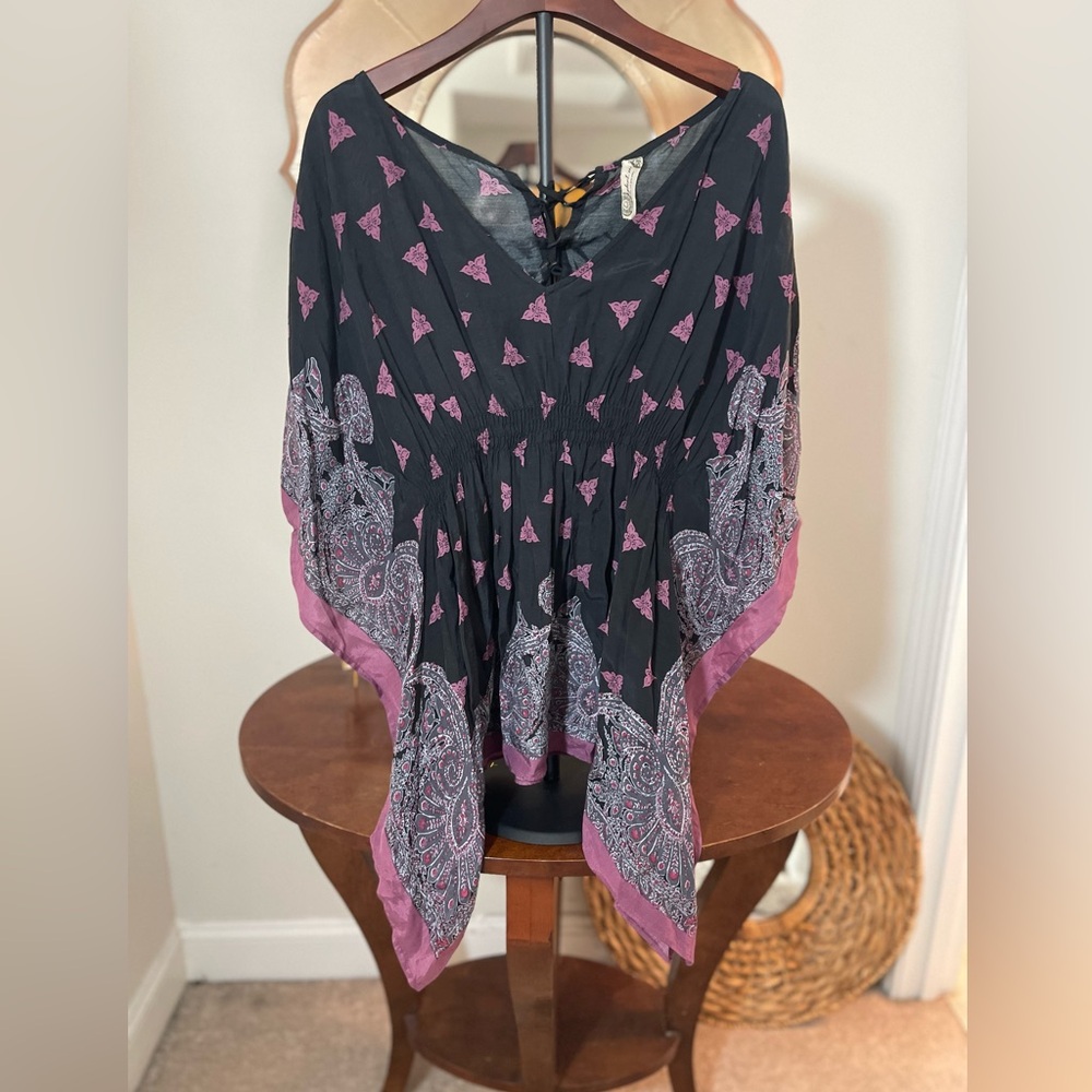 Free People Black and Purple Printed Paisley Poncho Tunic Top Lace Up Boho Beach